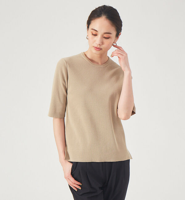 qualite「ウォッシャブルクルーネックニットT」|ニット・セーター|ベージュ