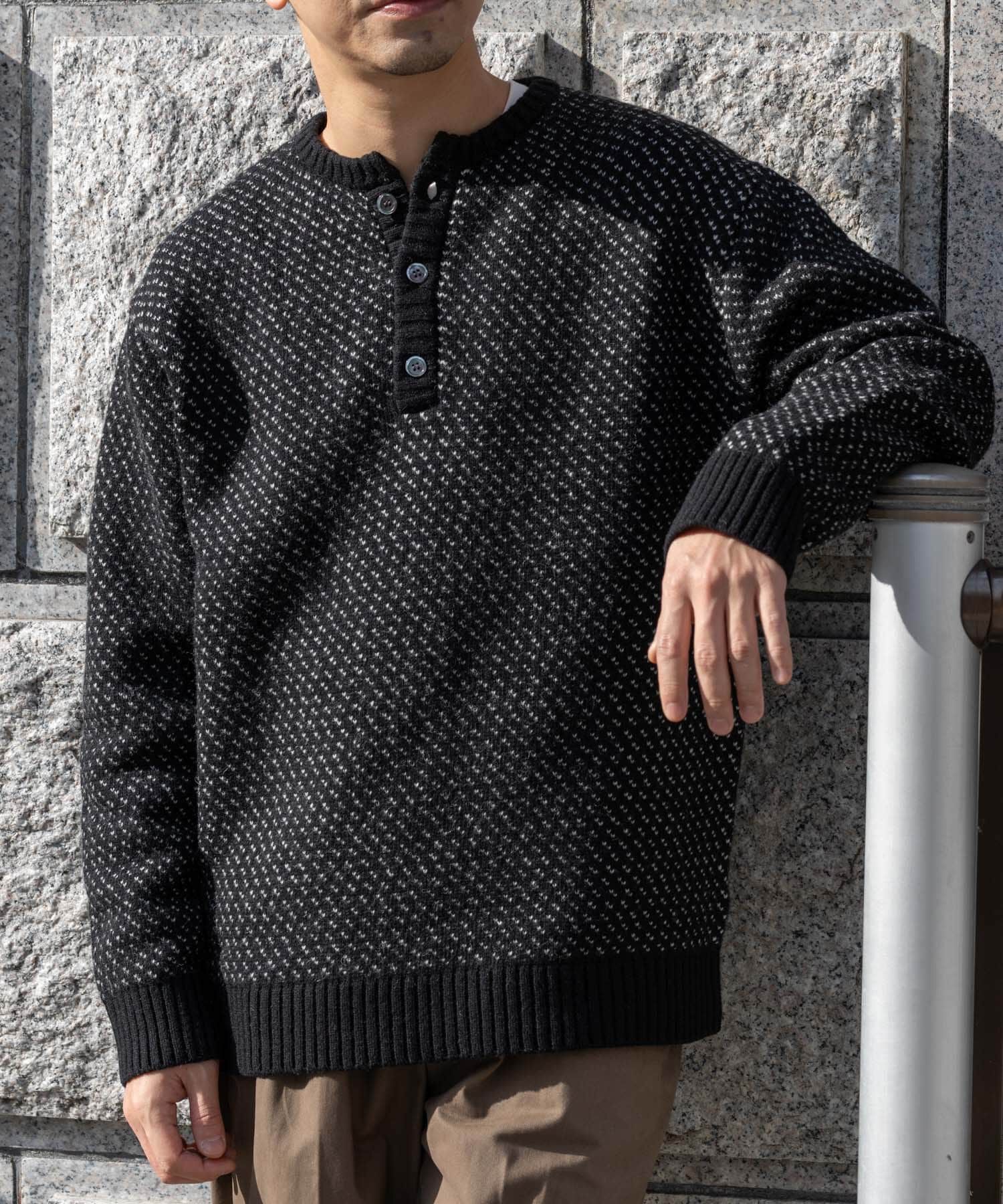 URBAN RESEARCH ROSSO「『XLサイズあり』バーズアイ柄ヘンリーネックニット」|ニット・セーター|ブラック