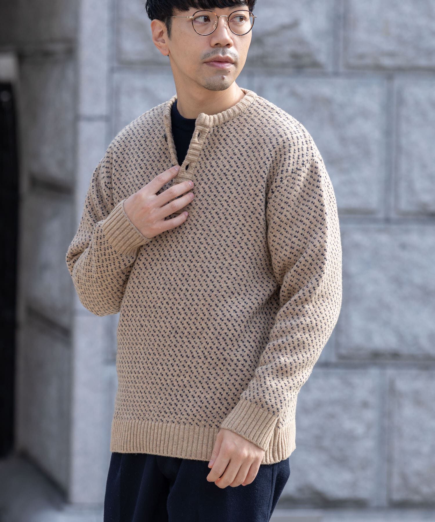 URBAN RESEARCH ROSSO「『XLサイズあり』バーズアイ柄ヘンリーネックニット」|ニット・セーター|