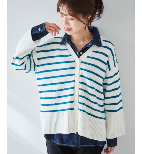 le.coeur blanc「ボーダーワイドシルエットVネックカーディガン」|カーディガン|