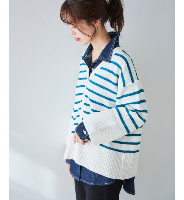 le.coeur blanc「ボーダーワイドシルエットVネックカーディガン」|カーディガン|