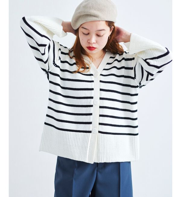 le.coeur blanc「ボーダーワイドシルエットVネックカーディガン」|カーディガン|
