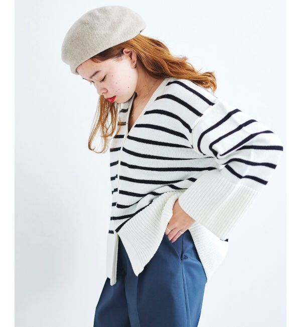 le.coeur blanc「ボーダーワイドシルエットVネックカーディガン」|カーディガン|