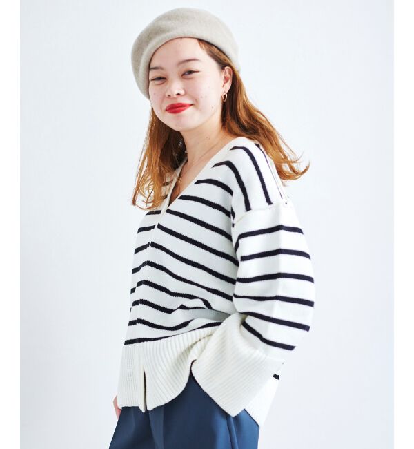 le.coeur blanc「ボーダーワイドシルエットVネックカーディガン」|カーディガン|