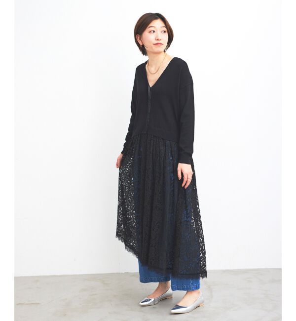 le.coeur blanc「《手洗い可能》TORRAZZO DONNA ニット&times;レース ロングカーデ」|カーディガン|