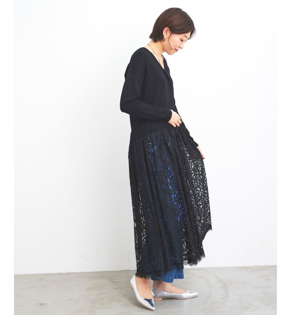 le.coeur blanc「《手洗い可能》TORRAZZO DONNA ニット&times;レース ロングカーデ」|カーディガン|