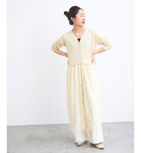 le.coeur blanc「《手洗い可能》TORRAZZO DONNA ニット&times;レース ロングカーデ」|カーディガン|