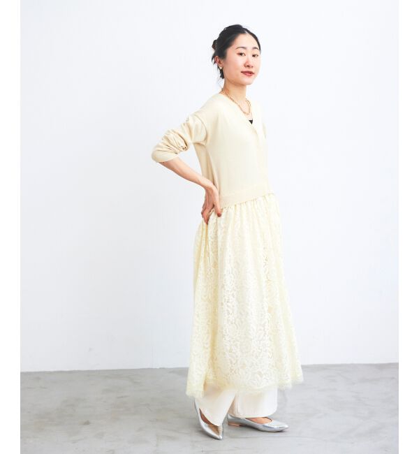 le.coeur blanc「《手洗い可能》TORRAZZO DONNA ニット&times;レース ロングカーデ」|カーディガン|
