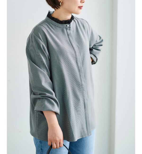 le.coeur blanc「チェック柄オーガンジーフリルネックブラウス」|シャツ・ブラウス|