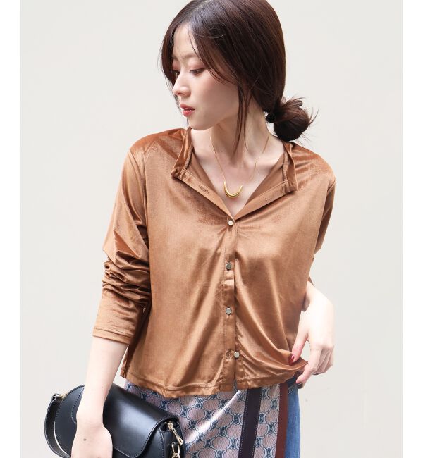  「《手洗い可能》ベロアクルーカーディガン」|カーディガン|キャメル