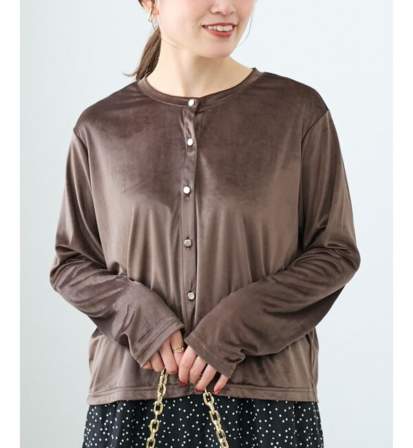  「《手洗い可能》ベロアクルーカーディガン」|カーディガン|ブラウン