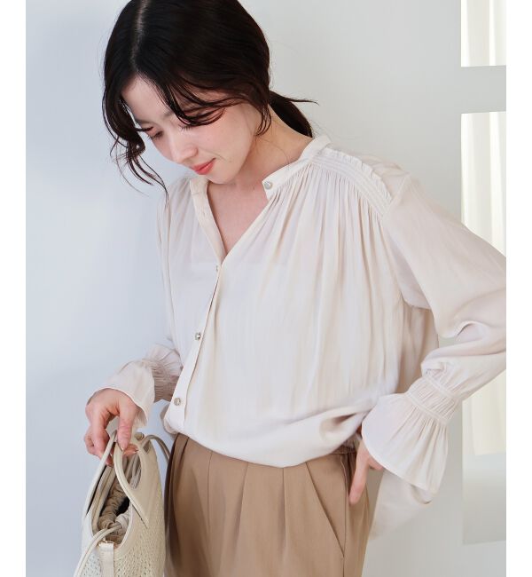  「パウダーサテンショルダーギャザーブラウス」|シャツ・ブラウス|
