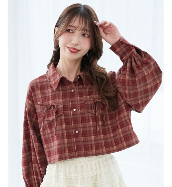  「ハートボタンリボンつきシャツ」|シャツ・ブラウス|レッド柄