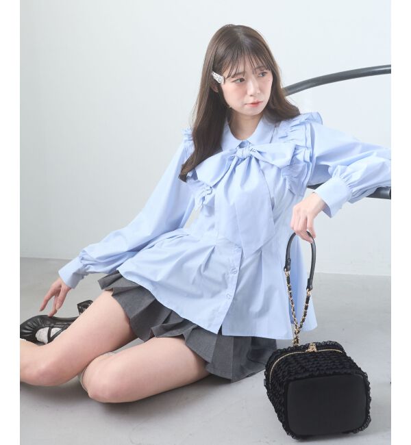 「ショルダーフリルボウタイブラウス」|シャツ・ブラウス|ブルー