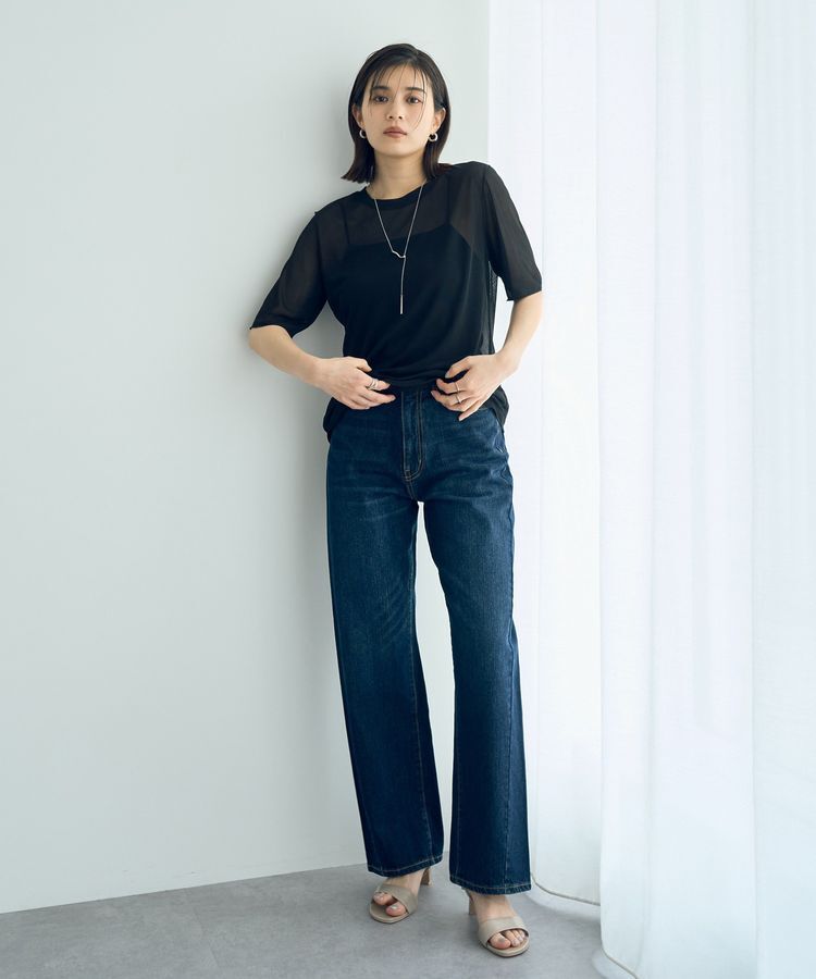 YECCA VECCA「クルーネック5分袖シアートップス」|Tシャツ・カットソー|