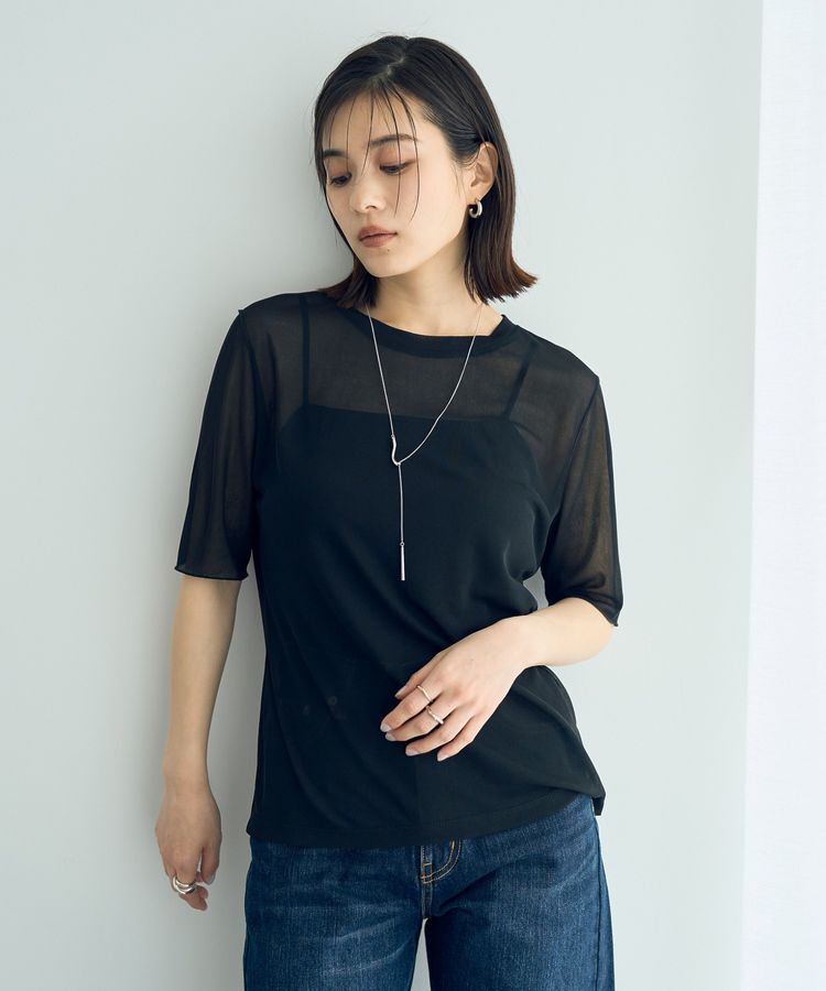 YECCA VECCA「クルーネック5分袖シアートップス」|Tシャツ・カットソー|