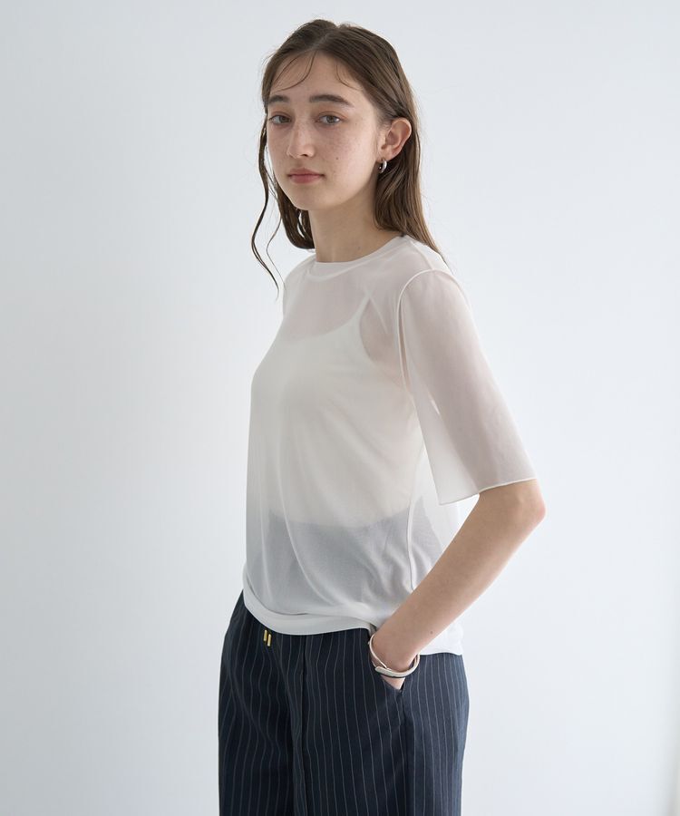 YECCA VECCA「クルーネック5分袖シアートップス」|Tシャツ・カットソー|