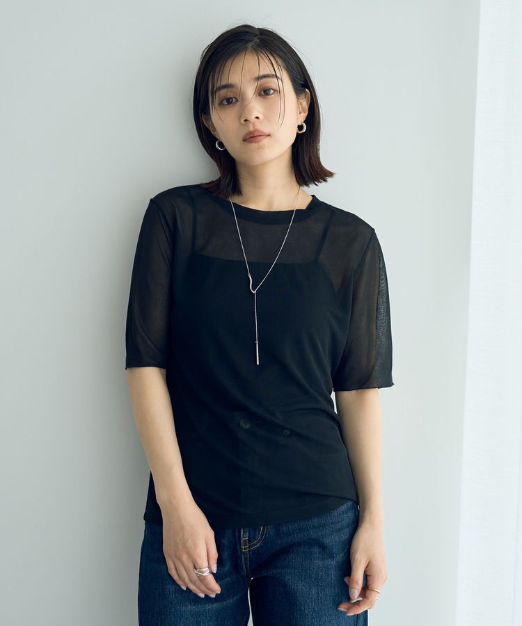 YECCA VECCA「クルーネック5分袖シアートップス」|Tシャツ・カットソー|