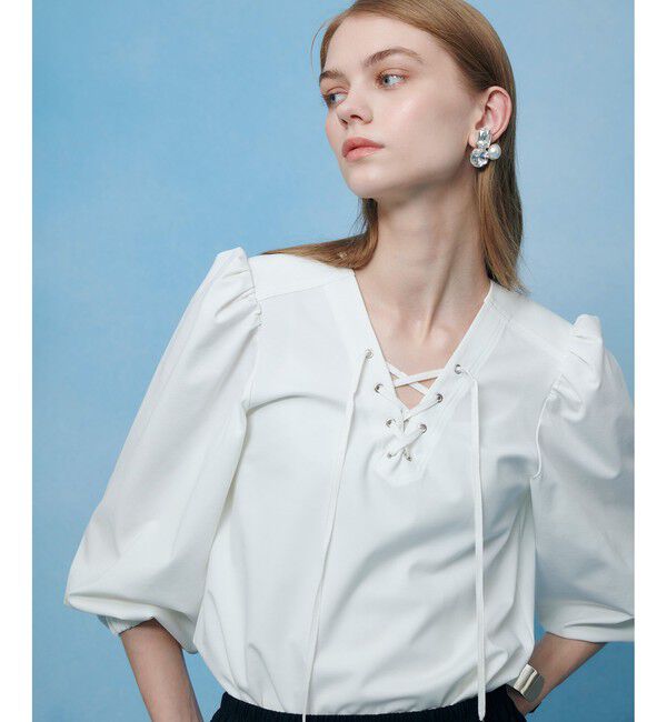 LOULOU WILLOUGHBY「【LOULOU WILLOUGHBY】モックロディレースアップマリンプルオーバー」|Tシャツ・カットソー|オフホワイト