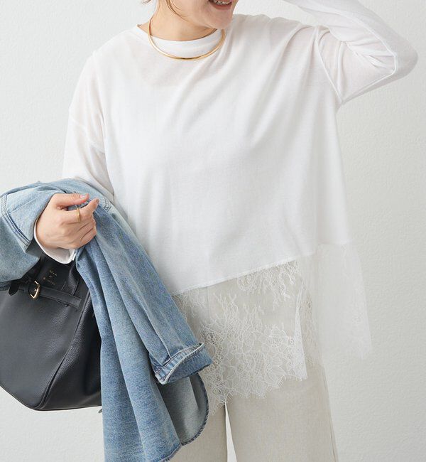  「レースヘムシアーワッフルカットソー」|Tシャツ・カットソー|