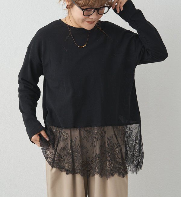  「レースヘムシアーワッフルカットソー」|Tシャツ・カットソー|ブラック