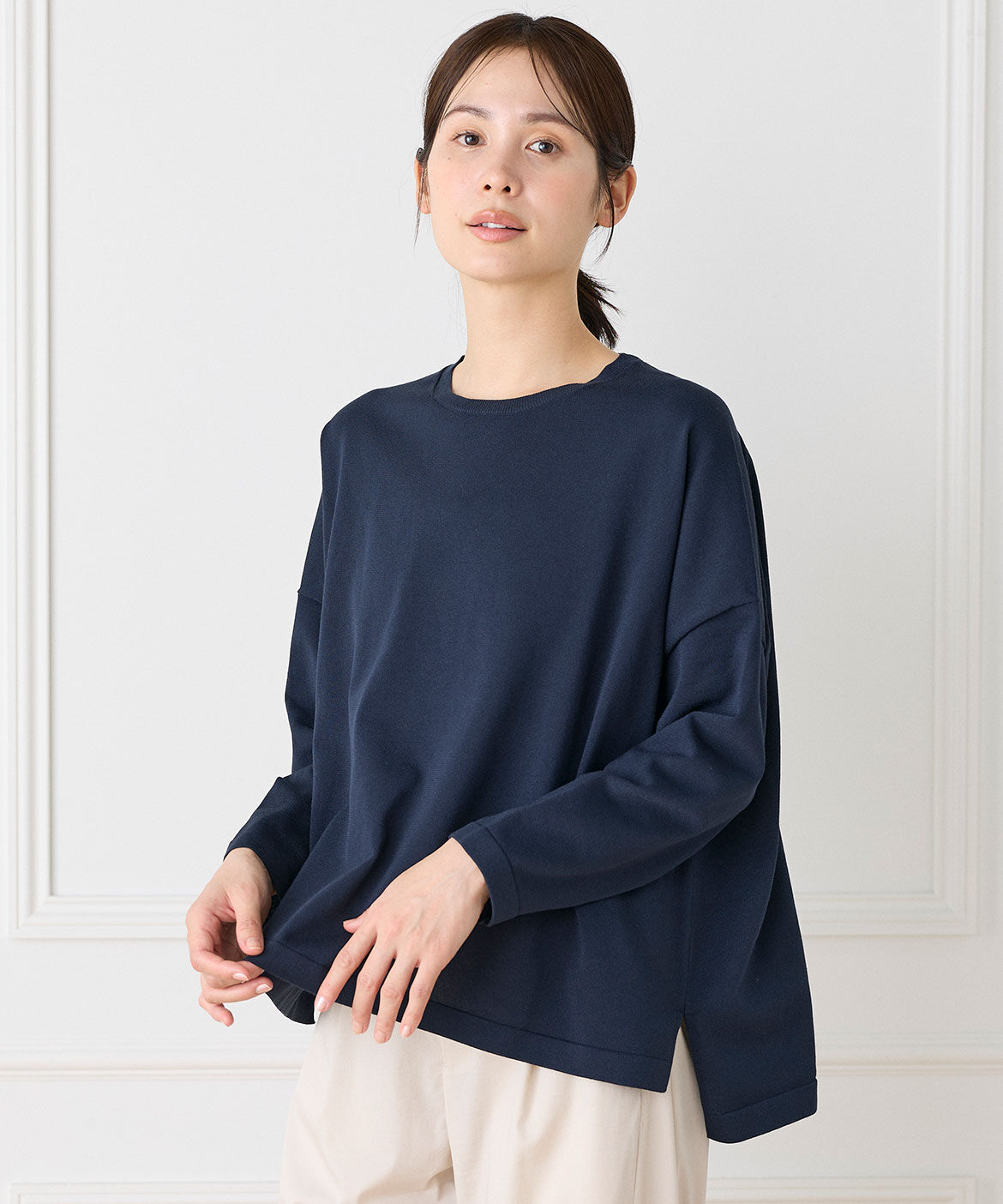INED「《大きいサイズ》オーバーサイズクルーネックニット」|ニット・セーター|ネイビー