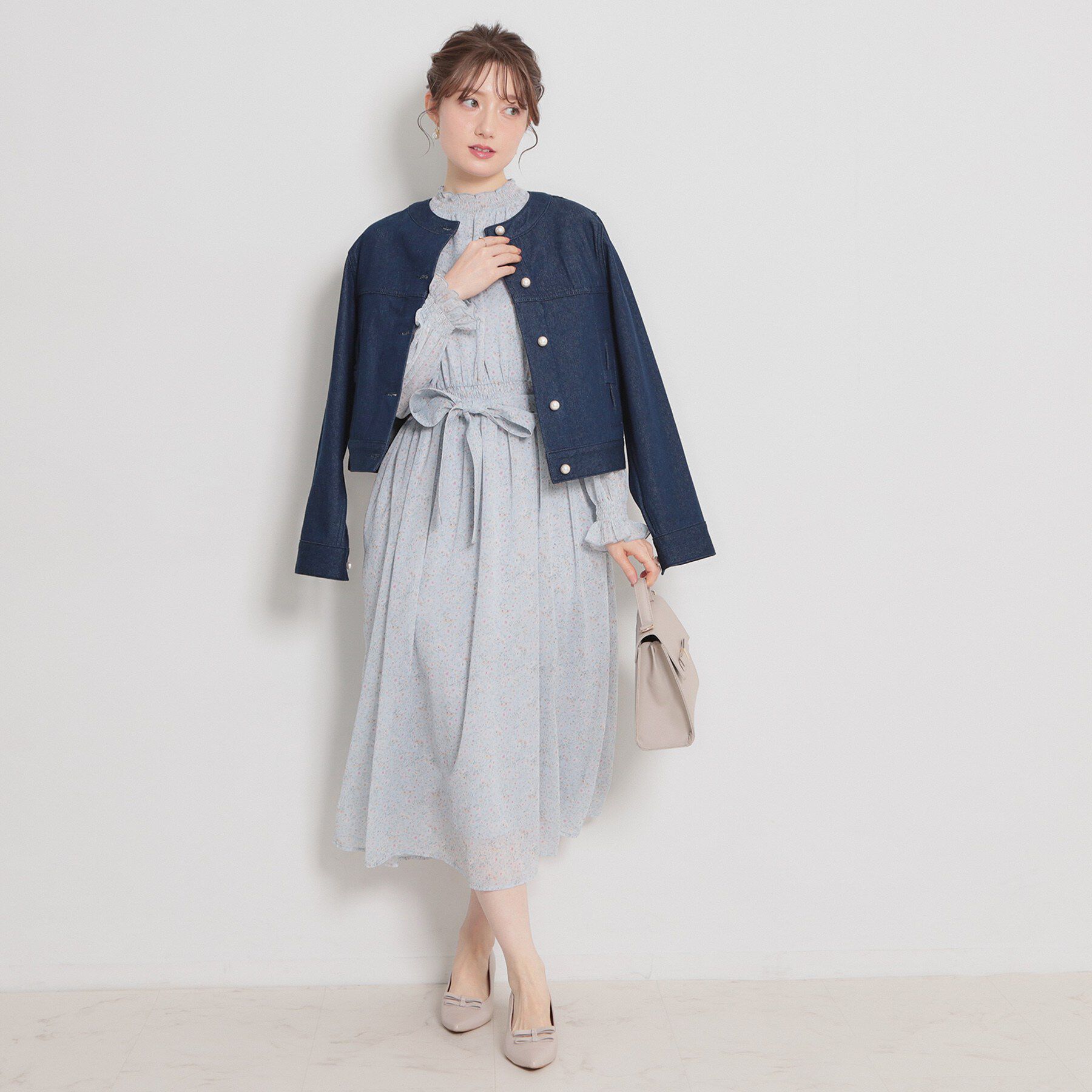 Couture broach「【洗える・綿100％】パール調ボタン デニムジャケット」|デニムジャケット|