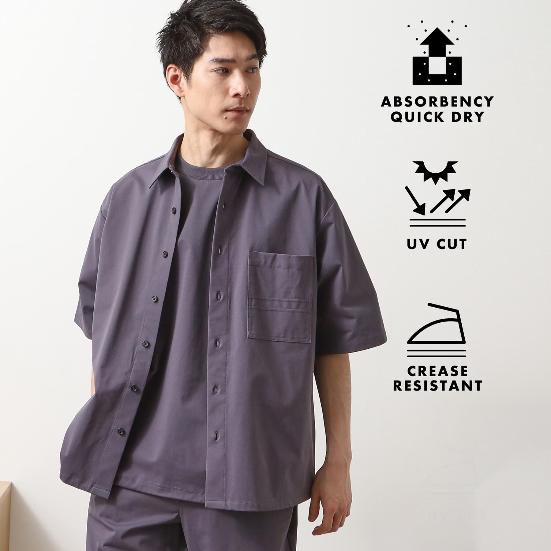 THE SHOP TK「パーフェクテックツイル5分袖シャツ【セットアップ可/吸水速乾/UVカット/アンチピリング】」|シャツ・ブラウス|チャコールグレー(0