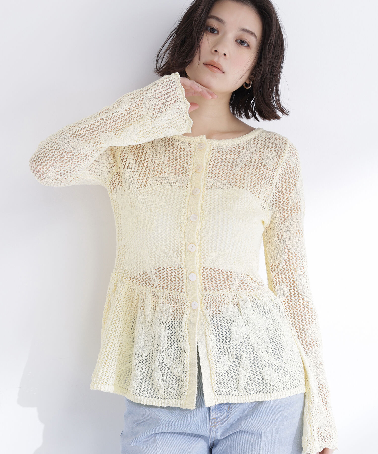  「フラワーレースペプラムニット」|ニット・セーター|イエロー