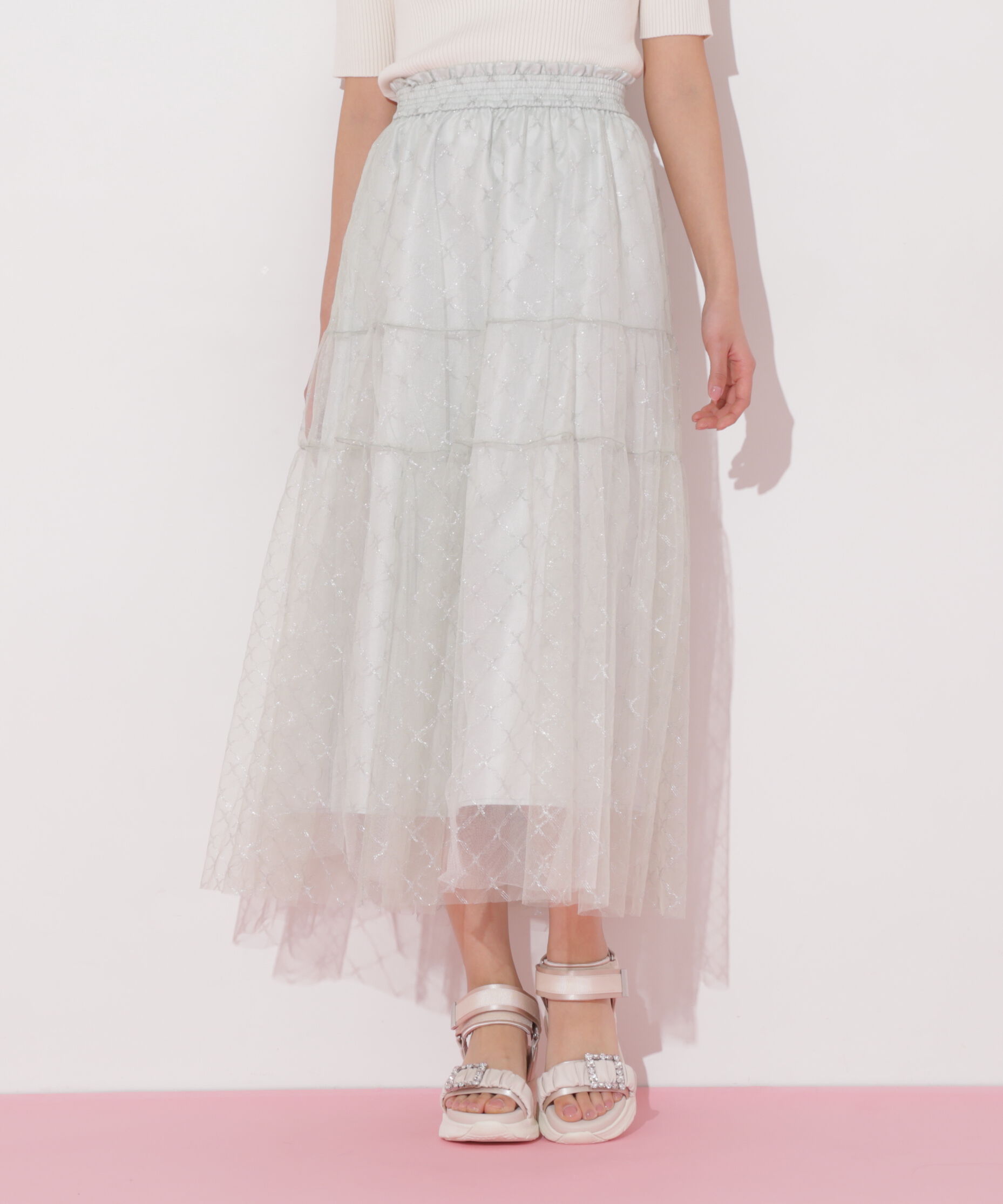  「ラメチュールティアードスカート」|スカート|ライトグリー