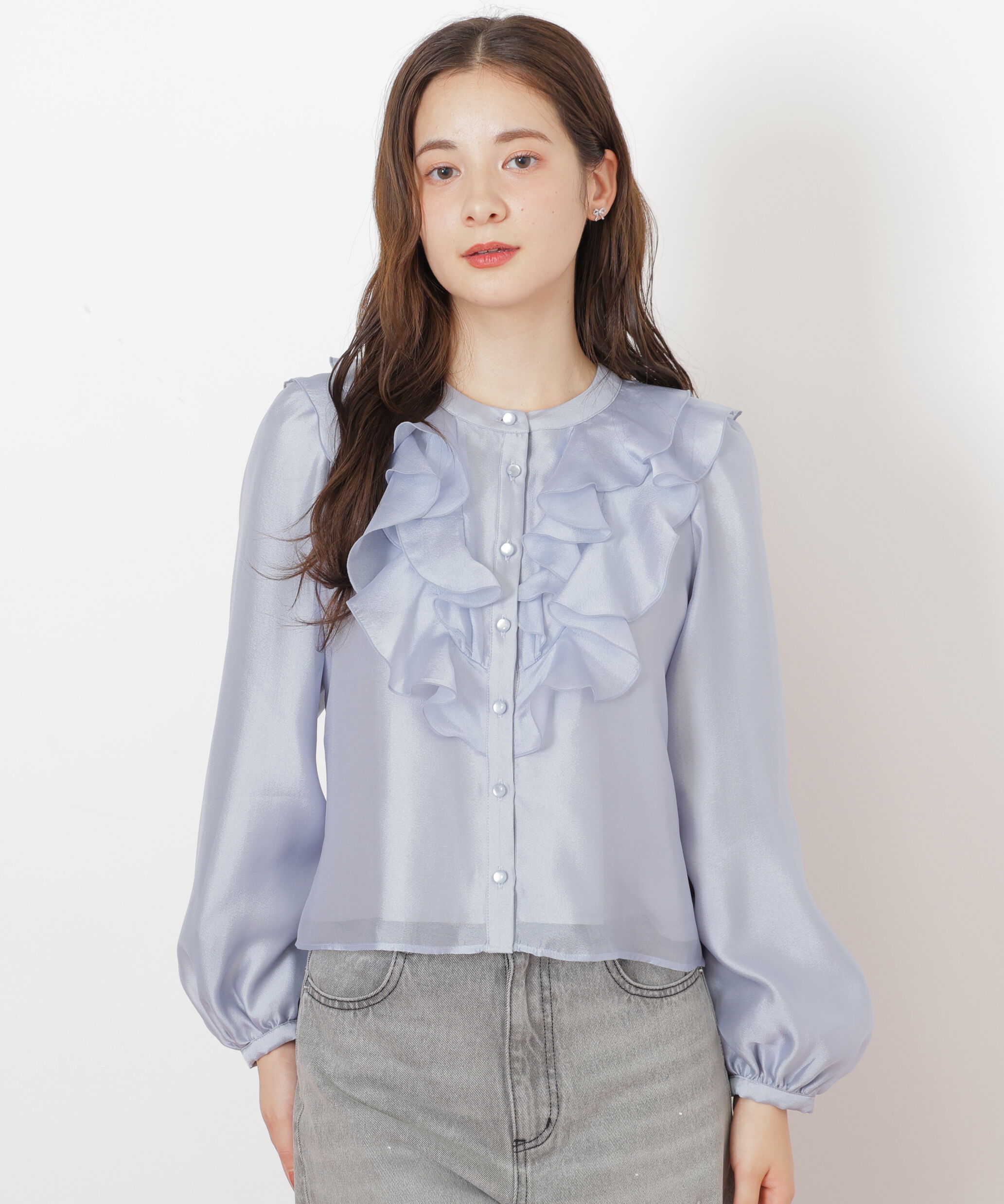  「フロントフリルシアーブラウス」|シャツ・ブラウス|ブルー