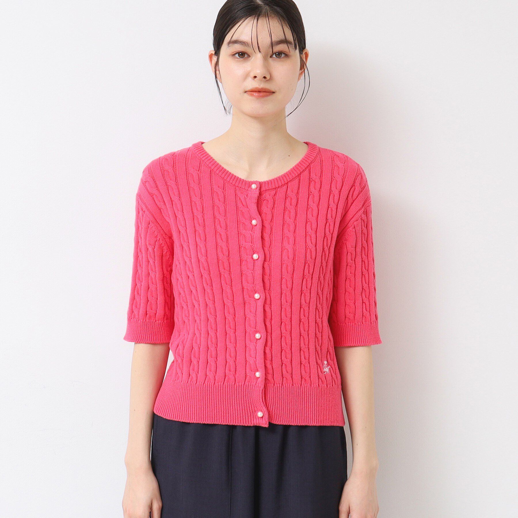 Dessin「【洗える】半袖ケーブルニットコットンカーディガン」|カーディガン|