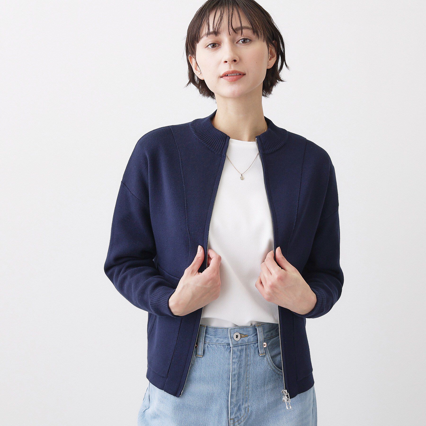 Dessin「【洗える】ジップニットカーディガン」|カーディガン|ネイビー(094)