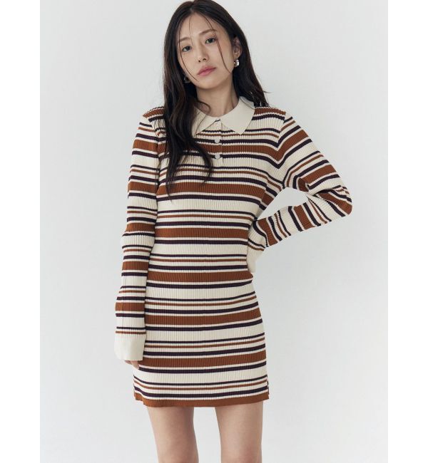 CALNAMUR「マルチボーダーポロニットワンピース」|ワンピース|ブラウン