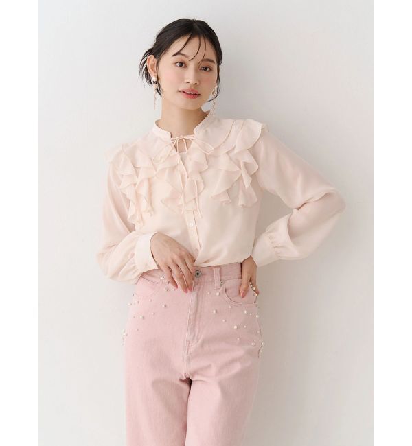 MERCURYDUO「シフォンロングスリーブラッフルブラウス」|シャツ・ブラウス|ベビーピンク