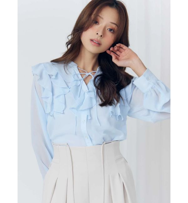 MERCURYDUO「シフォンロングスリーブラッフルブラウス」|シャツ・ブラウス|アイスブルー