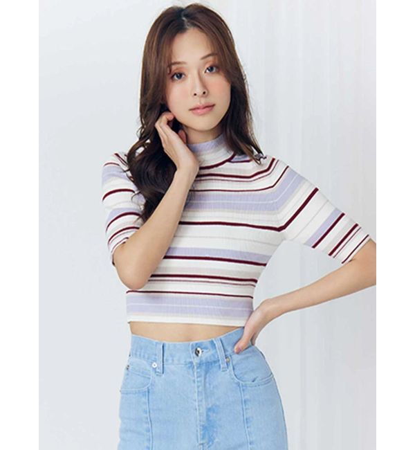 MERCURYDUO「マルチボーダークロップドニット」|ニット・セーター|ラベンダー