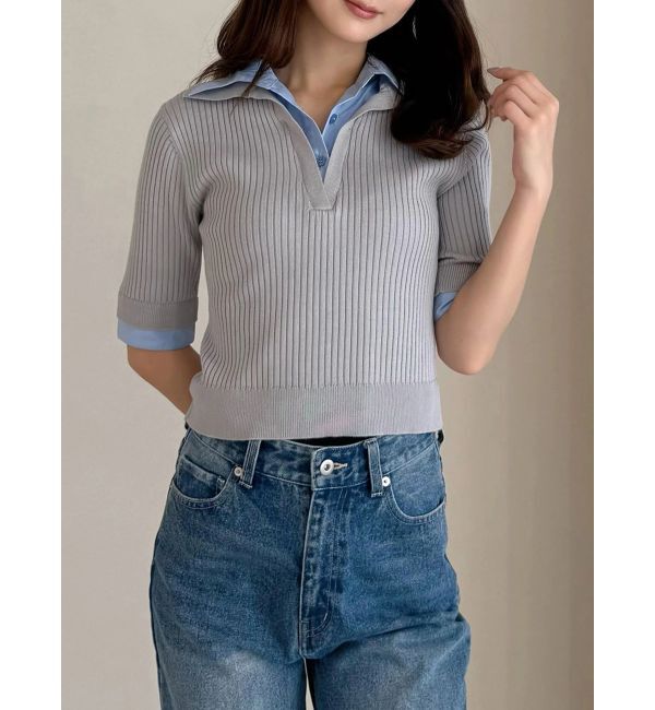 MERCURYDUO「シャツレイヤードライクハーフスリーブニット」|ニット・セーター|