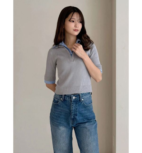MERCURYDUO「シャツレイヤードライクハーフスリーブニット」|ニット・セーター|