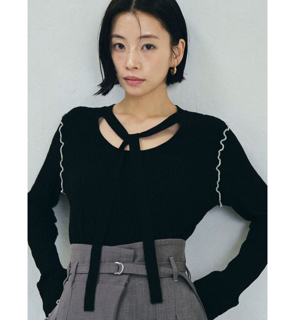 LAGUNAMOON「デザインリブボウタイニットプルオーバー」|ニット・セーター|ブラック