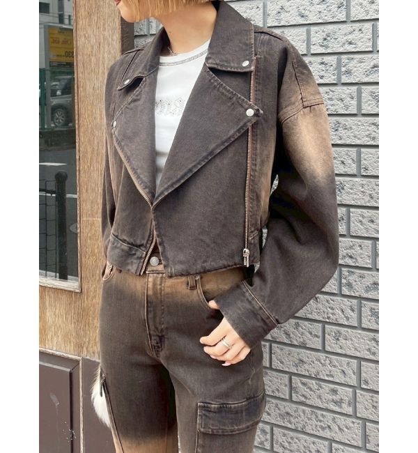 EVRIS「グラデーションデニムショートライダース【セットアップ着用可能】」|デニムジャケット|ブラウン