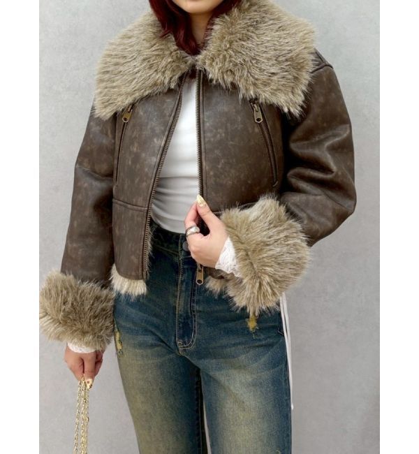 EVRIS「BIGカラーフェイクファーショートブルゾン」|ブルゾン・スタジャン|ブラウン