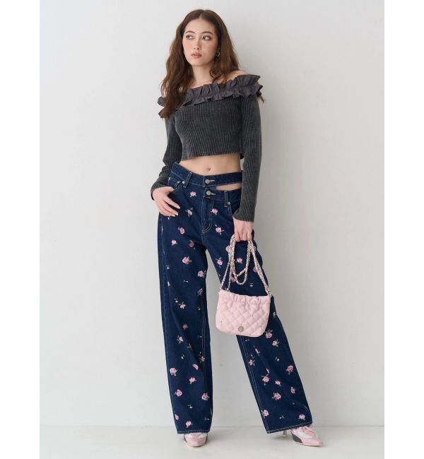 EVRIS「Embroideryカットアウトワイドデニムパンツ【セットアップ着用可能】」|デニム|