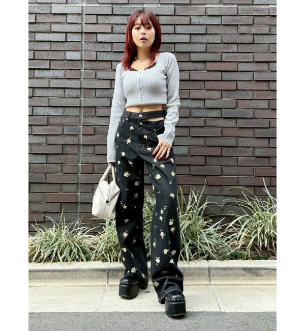 EVRIS「Embroideryカットアウトワイドデニムパンツ【セットアップ着用可能】」|デニム|