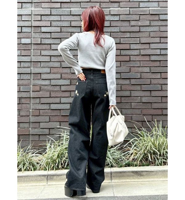 EVRIS「Embroideryカットアウトワイドデニムパンツ【セットアップ着用可能】」|デニム|