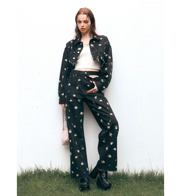 EVRIS「Embroideryカットアウトワイドデニムパンツ【セットアップ着用可能】」|デニム|