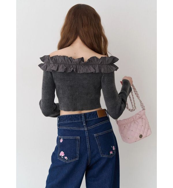 EVRIS「Embroideryカットアウトワイドデニムパンツ【セットアップ着用可能】」|デニム|