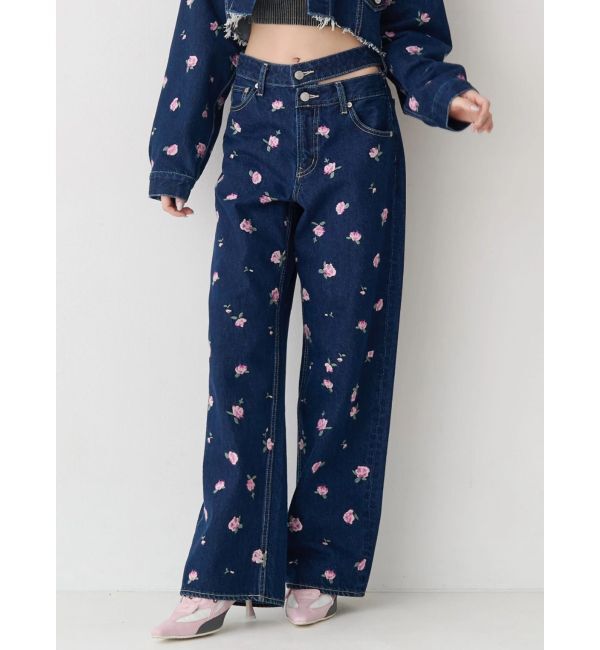 EVRIS「Embroideryカットアウトワイドデニムパンツ【セットアップ着用可能】」|デニム|インディゴ