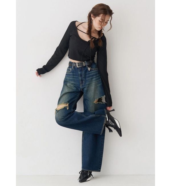 EVRIS「カットアウトワイドデニムパンツ【セットアップ着用可能】」|デニム|