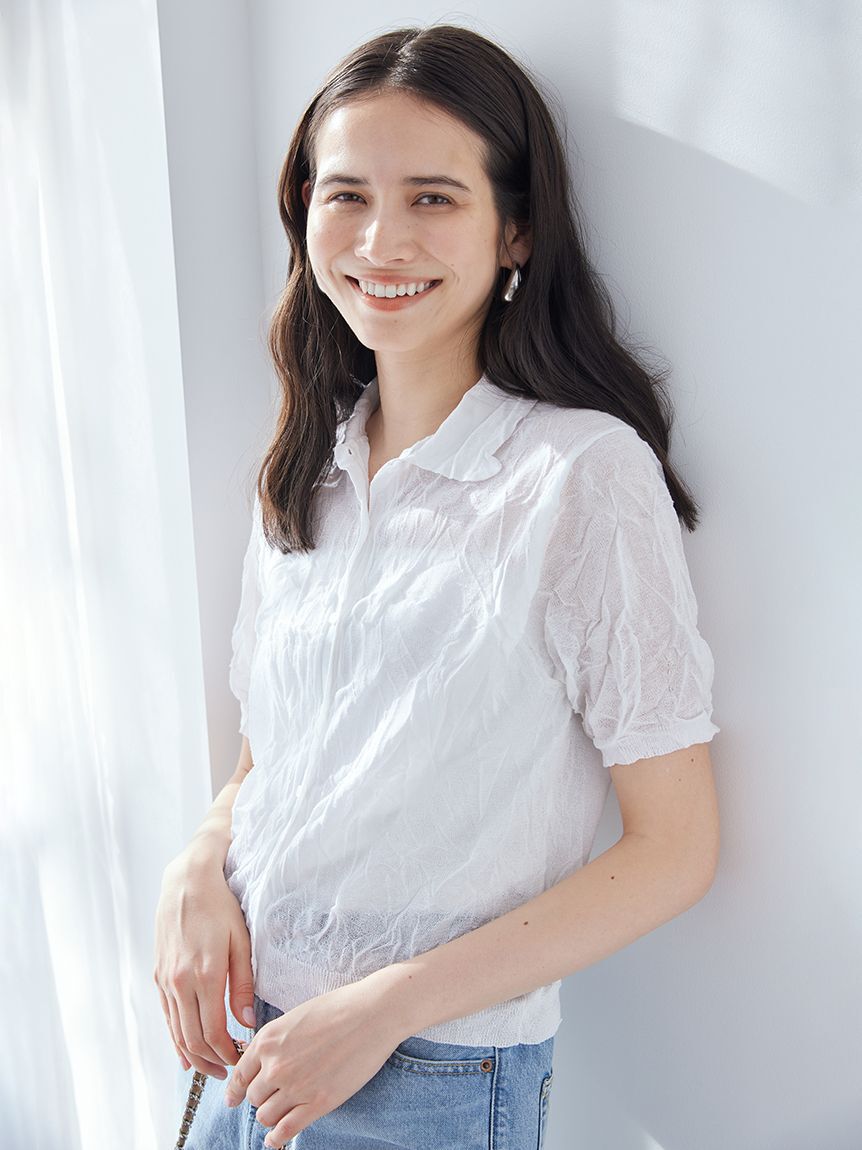 Mila Owen「ワッシャーハーフスリーブポロニット」|ニット・セーター|WHT